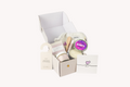 Natural lavender bath gift set with handmade soap, clay mask, soy candle, and cotton eye mask