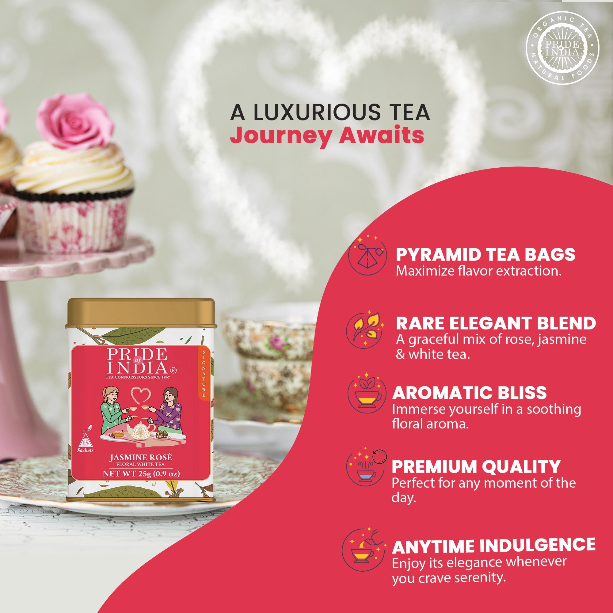 Jasmine rose floral white tea bags, premium single origin Darjeeling leaves individually wrapped in box — view 5
