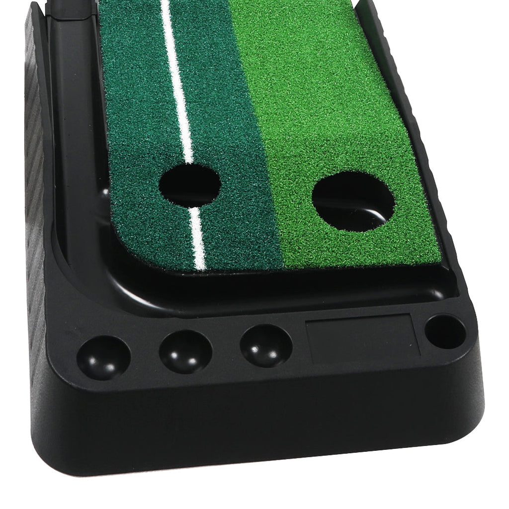 Green and black portable indoor golf putting mat with automatic ball return track and dual holes — view 4