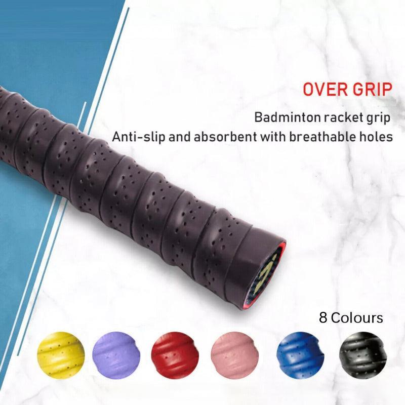Four anti-slip tennis and badminton racquet overgrips showing textured surface and perforated edge details