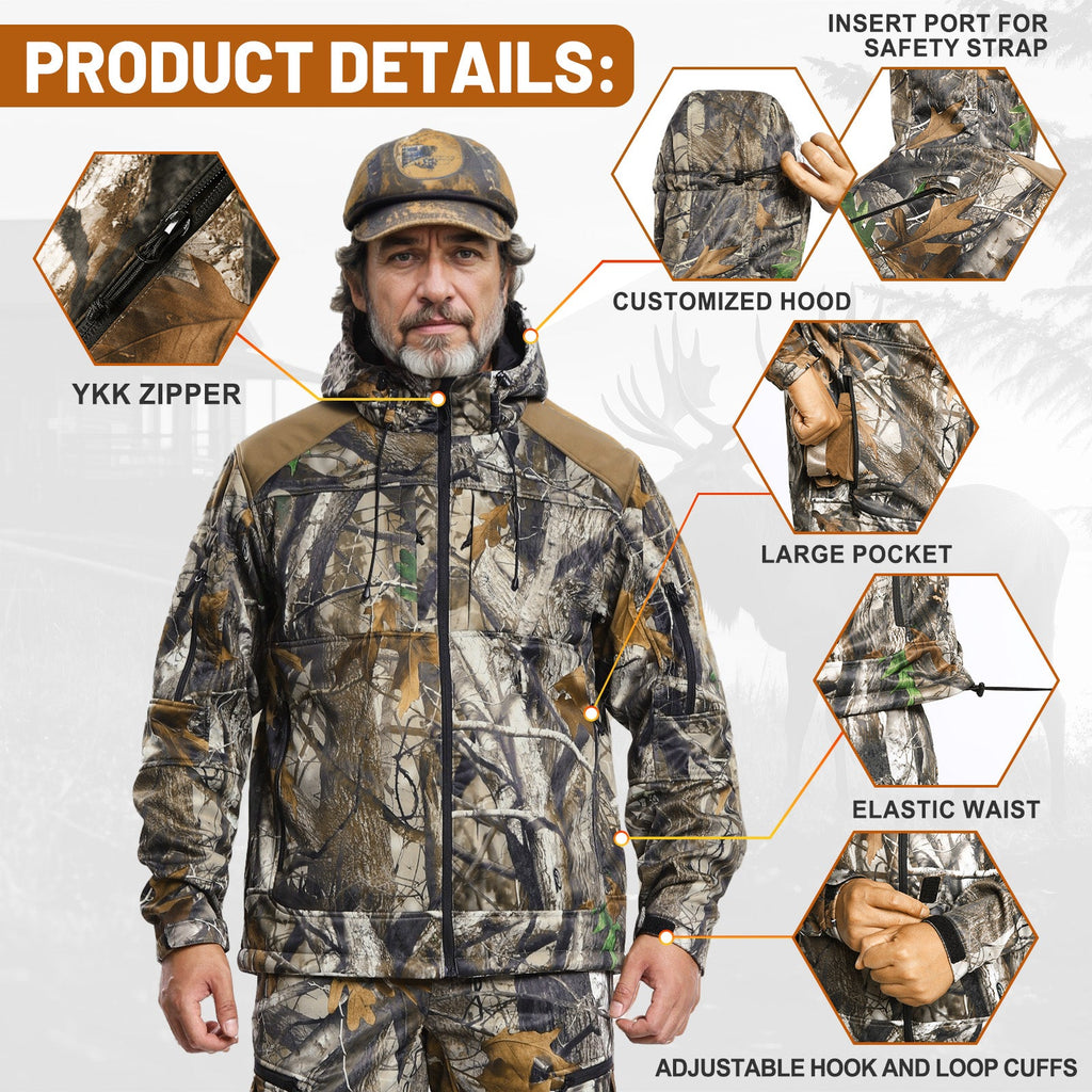 Mens waterproof heated hunting jacket with adjustable hood and multiple utility pockets — view 3