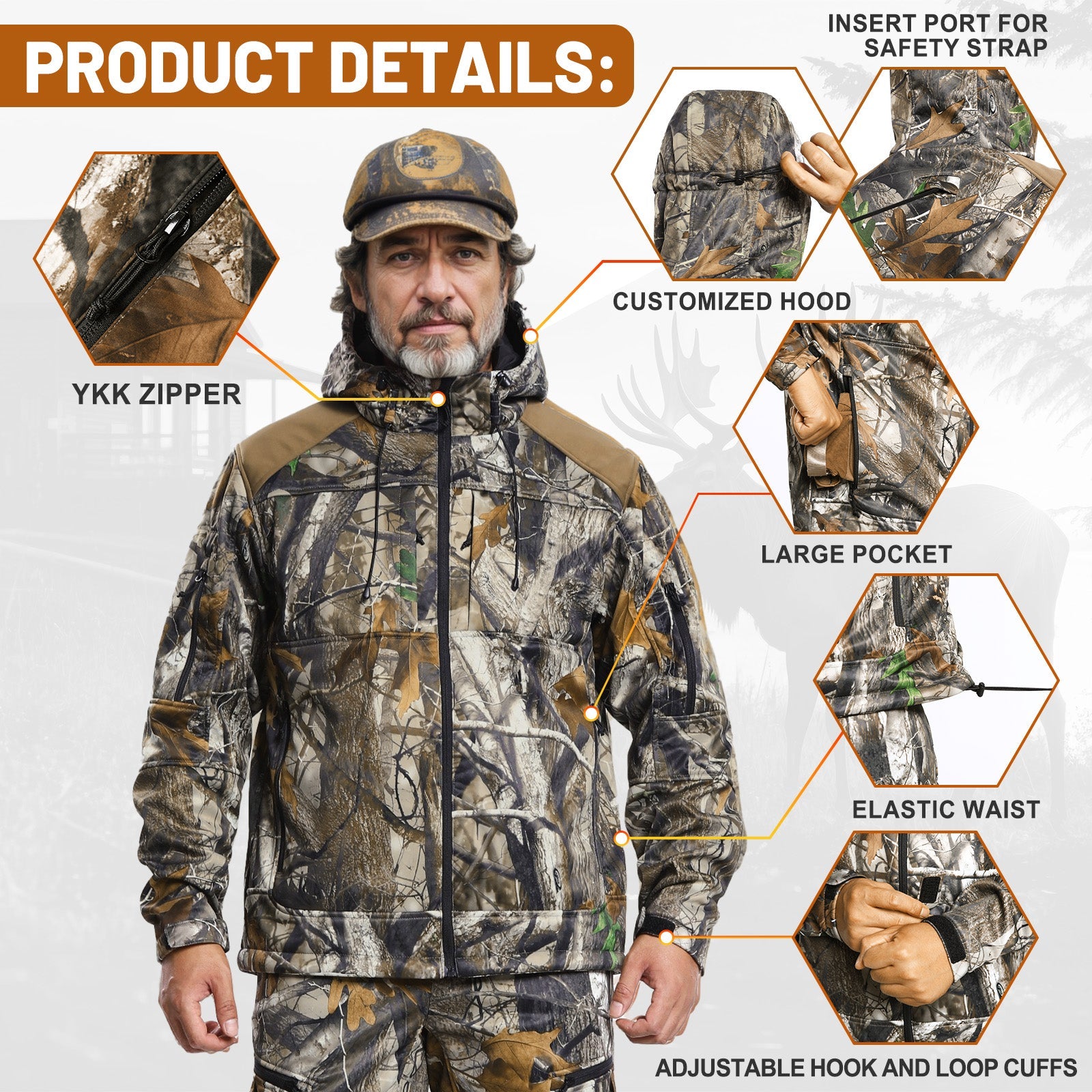 Mens waterproof heated hunting jacket with adjustable hood and multiple utility pockets — view 3
