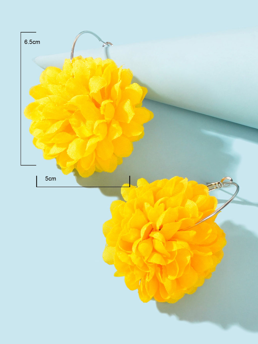 Yellow and hot pink chiffon blossom floral dangle hoop earrings on a clean background — view 4