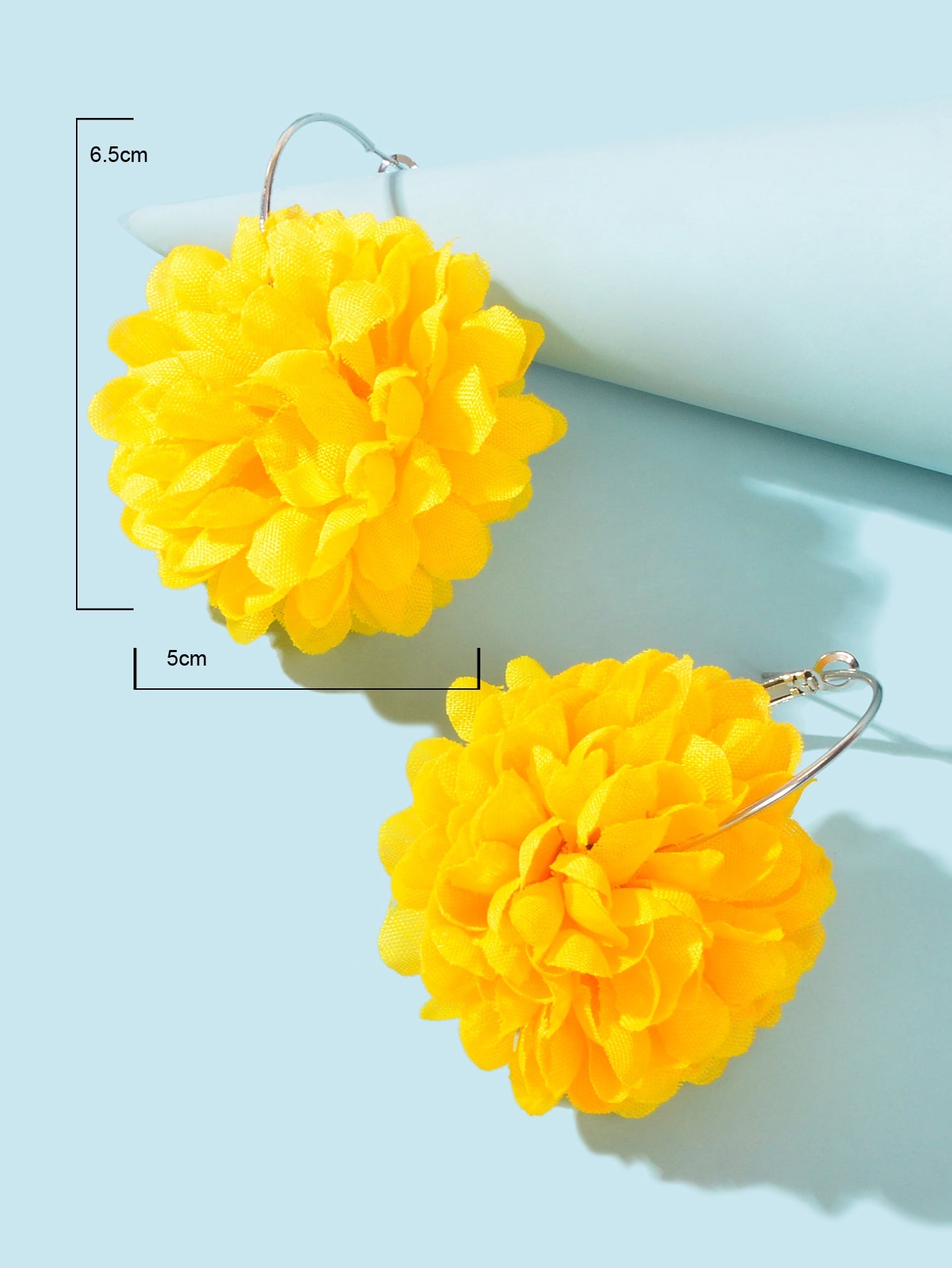 Yellow and hot pink chiffon blossom floral dangle hoop earrings on a clean background — view 4