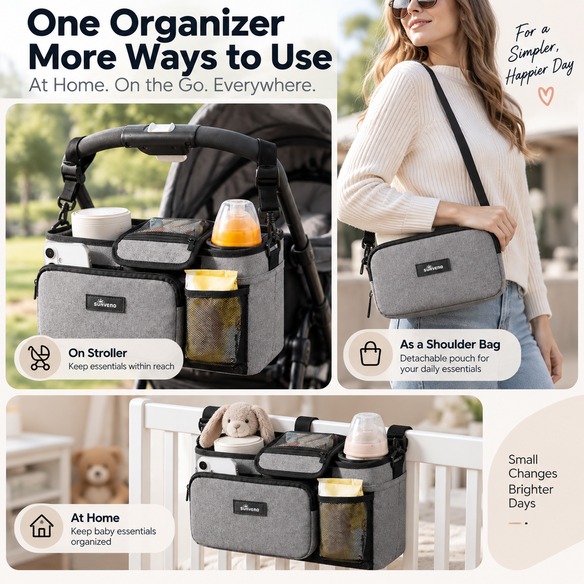 SUNVENO Stroller Organizer Bag with Detachable Parent Pouch, Dual Cup Holders, Adjustable Straps & Removable Shoulder Strap-4