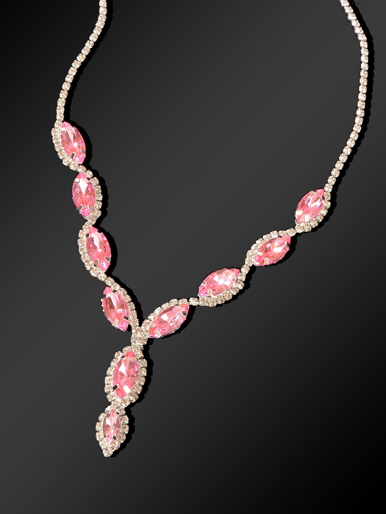 Luxurious pink crystal wedding jewelry set featuring a water drop necklace and matching dangle earrings — view 4