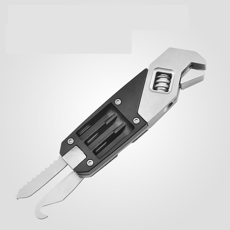 Stainless steel 8-in-1 folding multitool wrench with pliers, knife, and screwdrivers deployed. — view 4