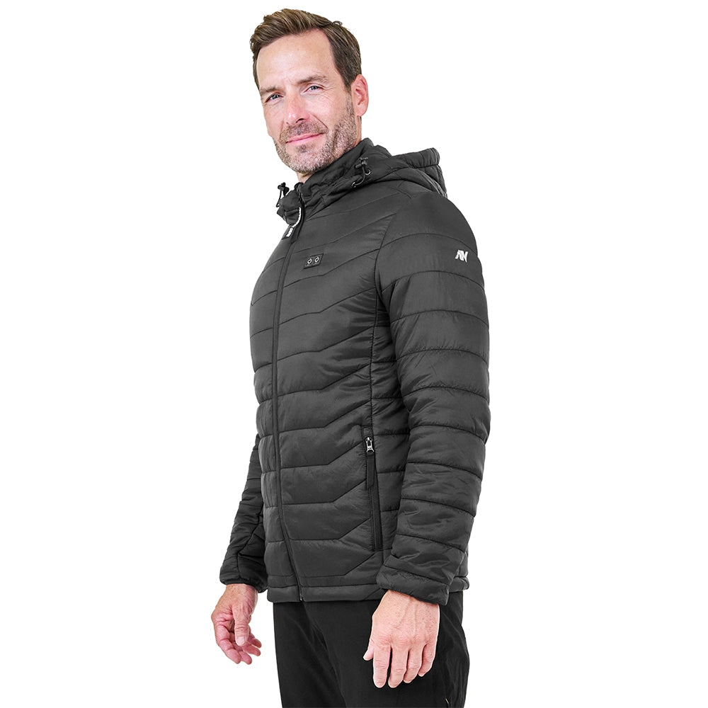 Unisex black polar fleece heated jacket with removable hood, multiple pockets, and 12V battery pack — view 4