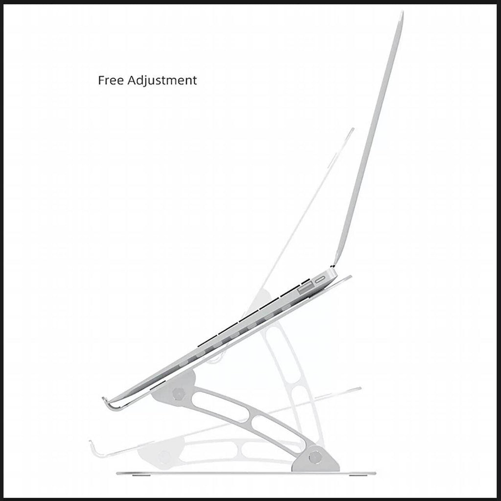 Adjustable aluminum laptop stand in silver, folded and displaying ergonomic design with silicone padding. — view 5
