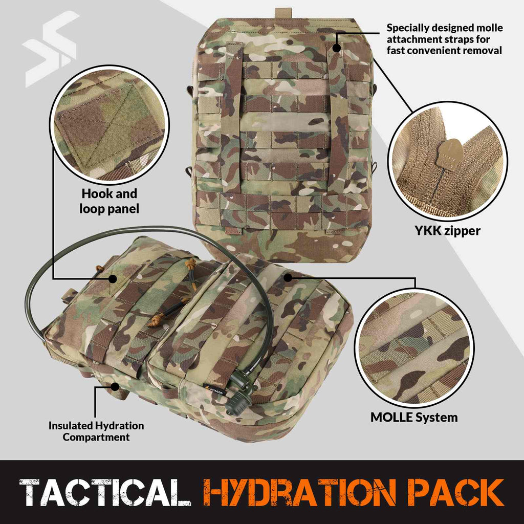 Tactical Molle hydration pack in durable nylon with EDC pockets and water reservoir compartment — view 5