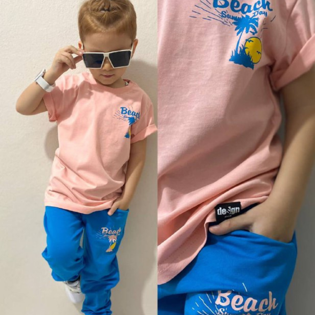 Beach dude boys jogger set featuring a blue cotton printed top and matching lightweight cotton pants — view 2