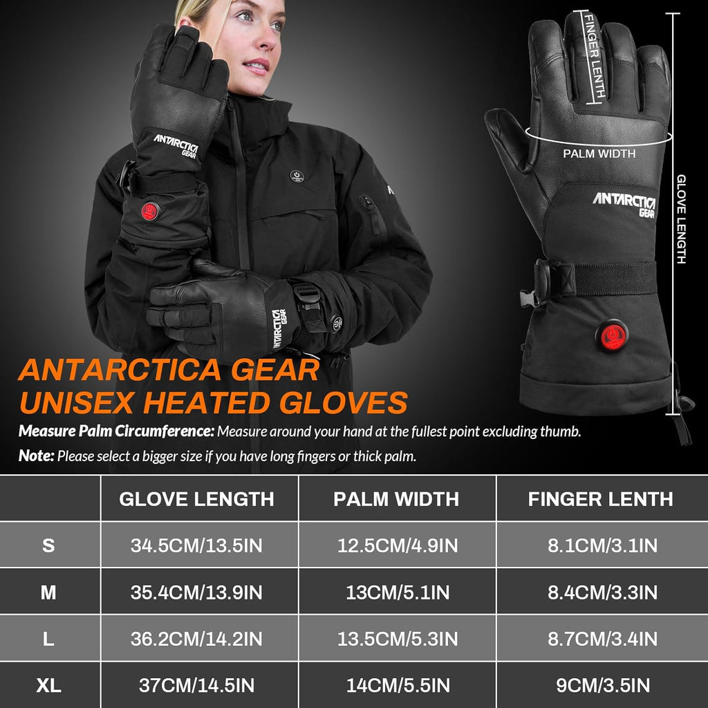 Black rechargeable heated winter ski gloves featuring premium leather palms and touchscreen compatible fingertips — view 5