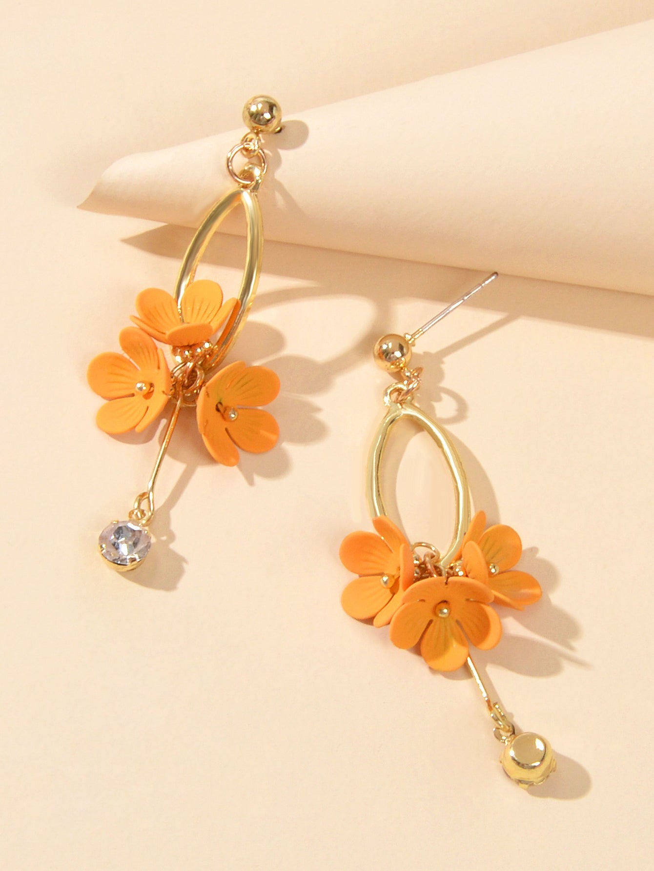 Orange rhinestone charm dangle earrings with gold tone finish for women's party decoration — view 4