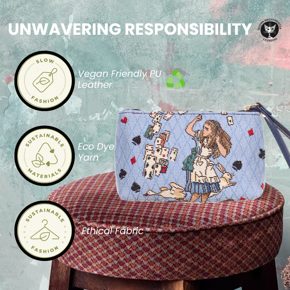 Alice in Wonderland woven tapestry wristlet bag with vegan leather hand loop and card motifs — view 4