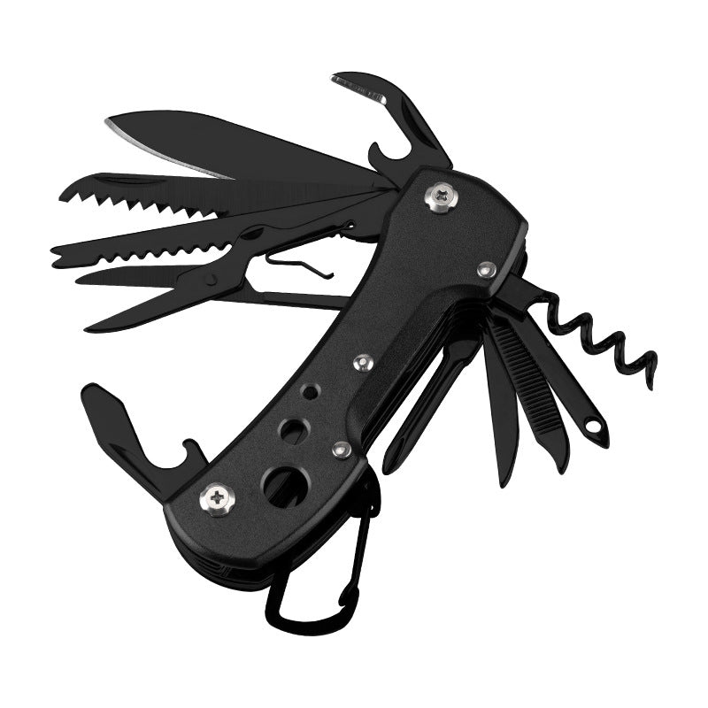 Mysterious black folding multi-tool pocket knife with stainless steel blades and outdoor survival tools. — view 4