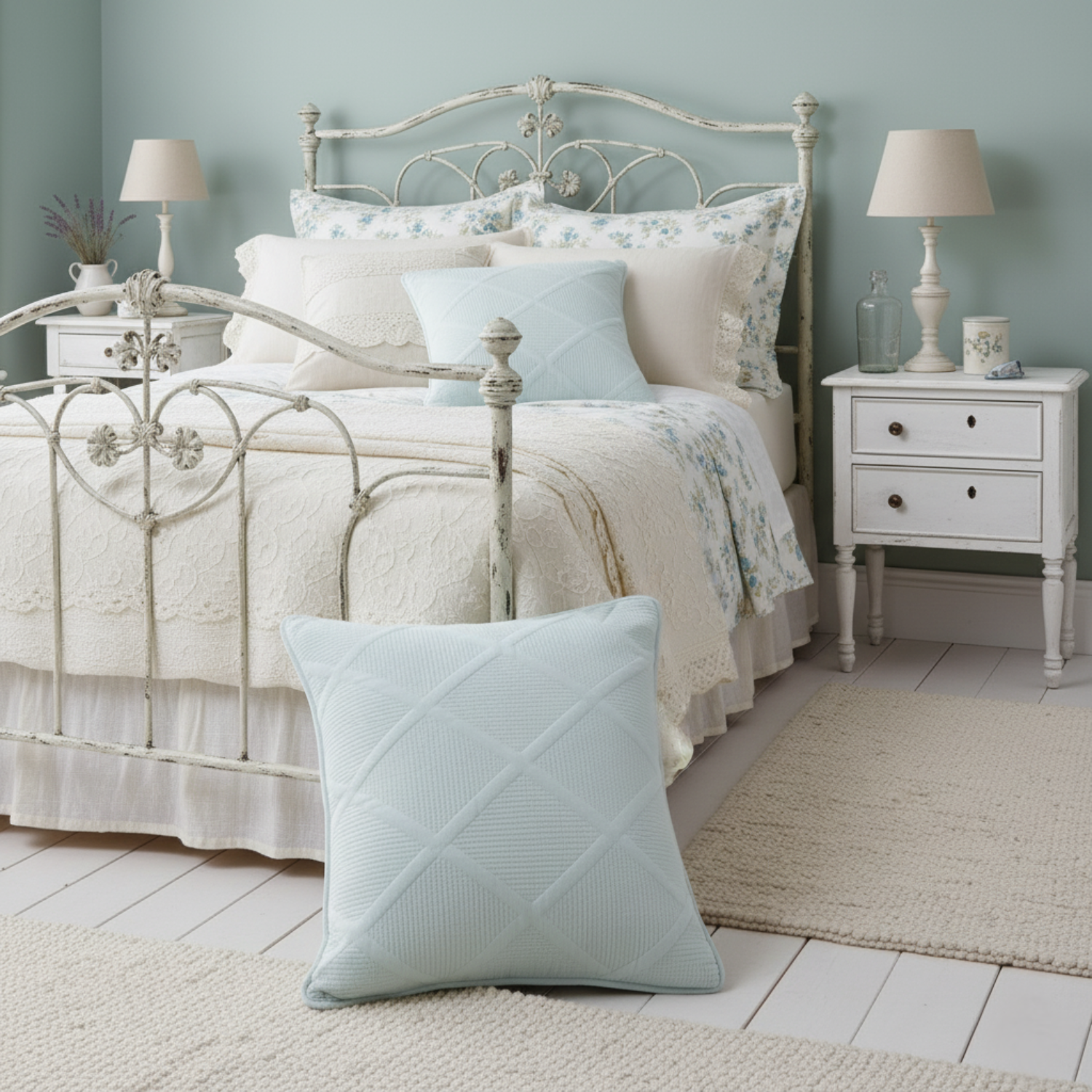 Seafoam blue cotton cushion cover with geometric diamond matelasse stitching on a comfortable bed — view 5