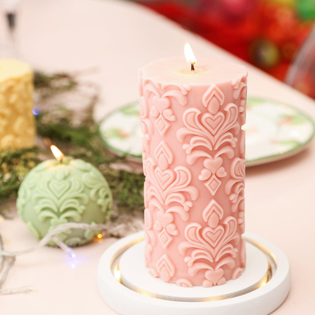 Tall elegance patterned relief pillar candle silicone mold showcasing detailed sculptural design. — view 5