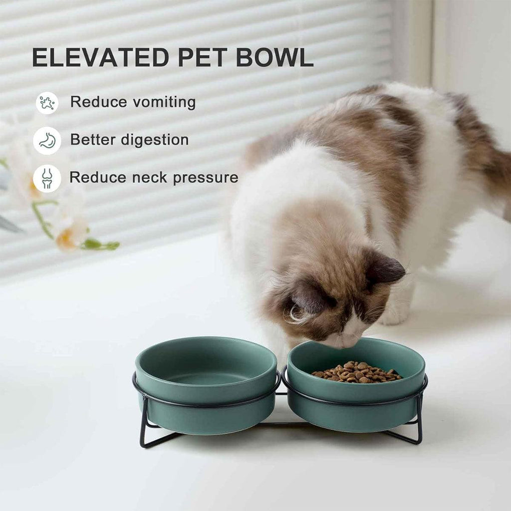 Elevated ceramic pet bowl set with two bowls resting securely on a sturdy metal stand — view 5