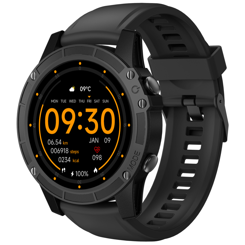Black rugged sport smartwatch with touchscreen display showing a digital watch face and fitness metrics — view 5