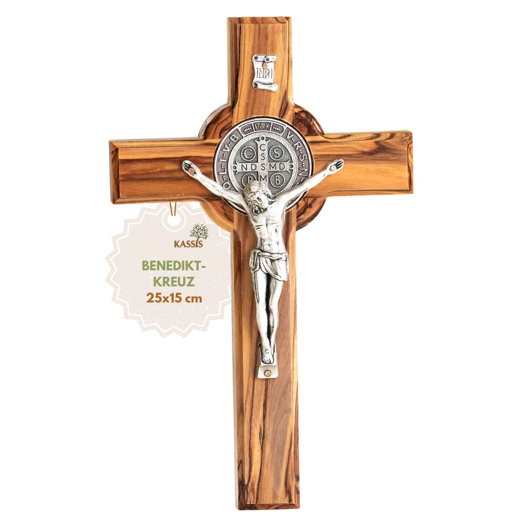 St. Benedikt Kreuz aus Olivenholz | Schutzkreuz als Wandkreuz & Geschenk zur Taufe, Kommunion oder Firmung-8