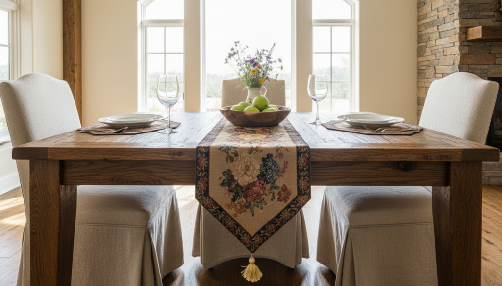 Colorful woven floral table runner with rustic country design on a wooden dining table surface — view 5