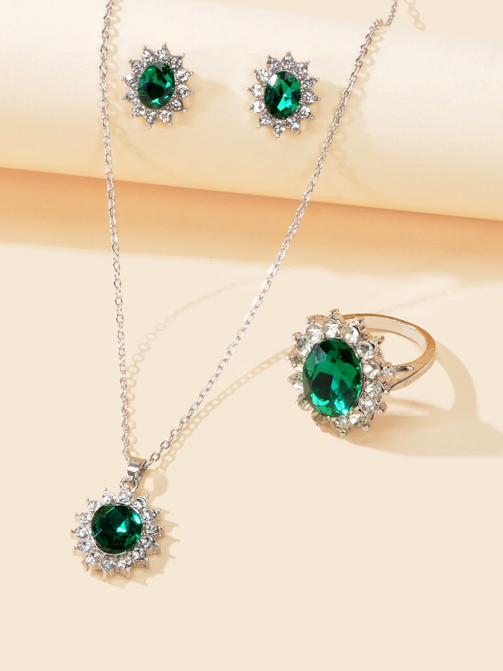 Luxury three piece crystal floral wedding jewelry set with necklace, stud earrings, and matching finger ring — view 4