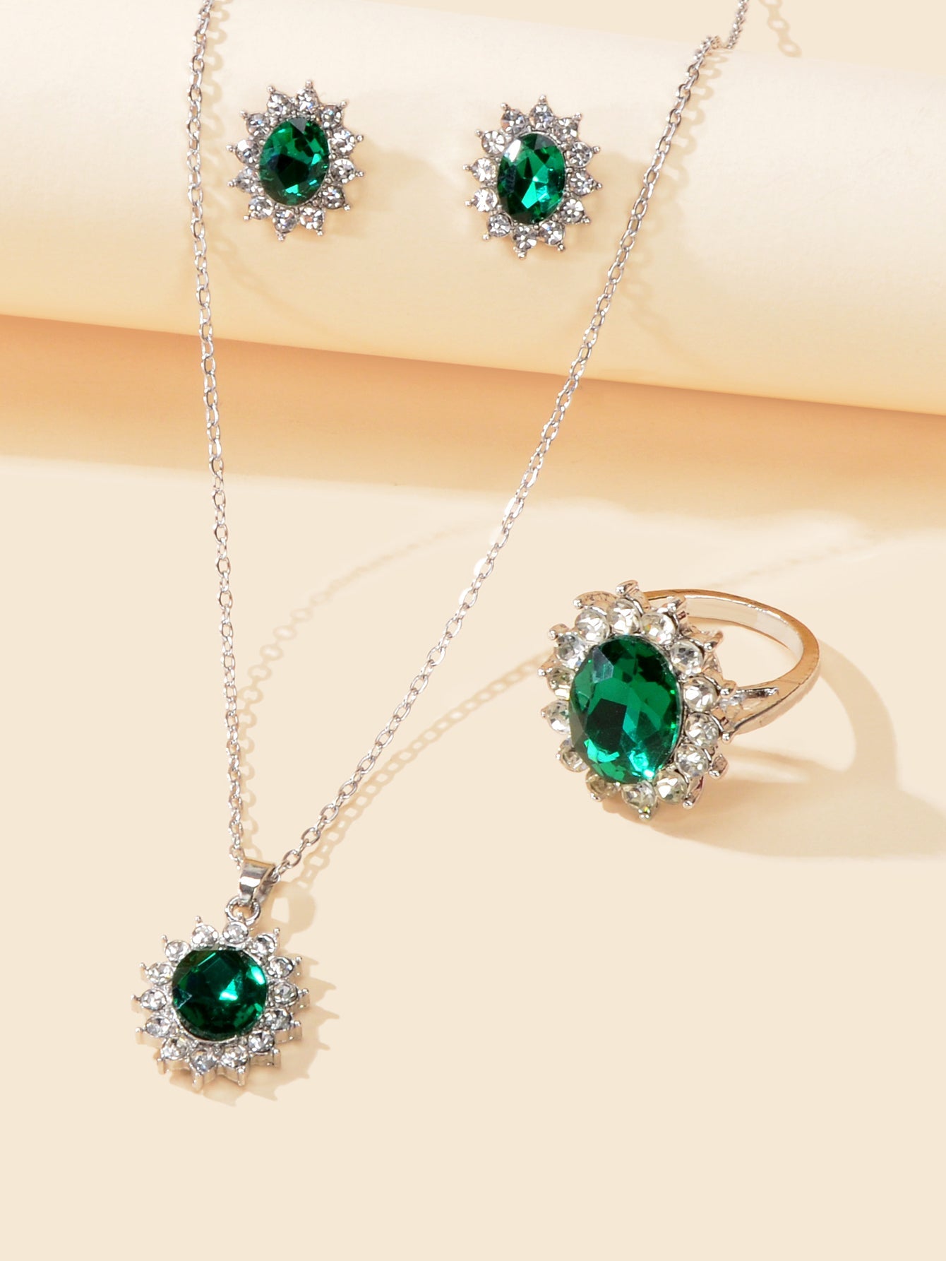 Luxury three piece crystal floral wedding jewelry set with necklace, stud earrings, and matching finger ring — view 4