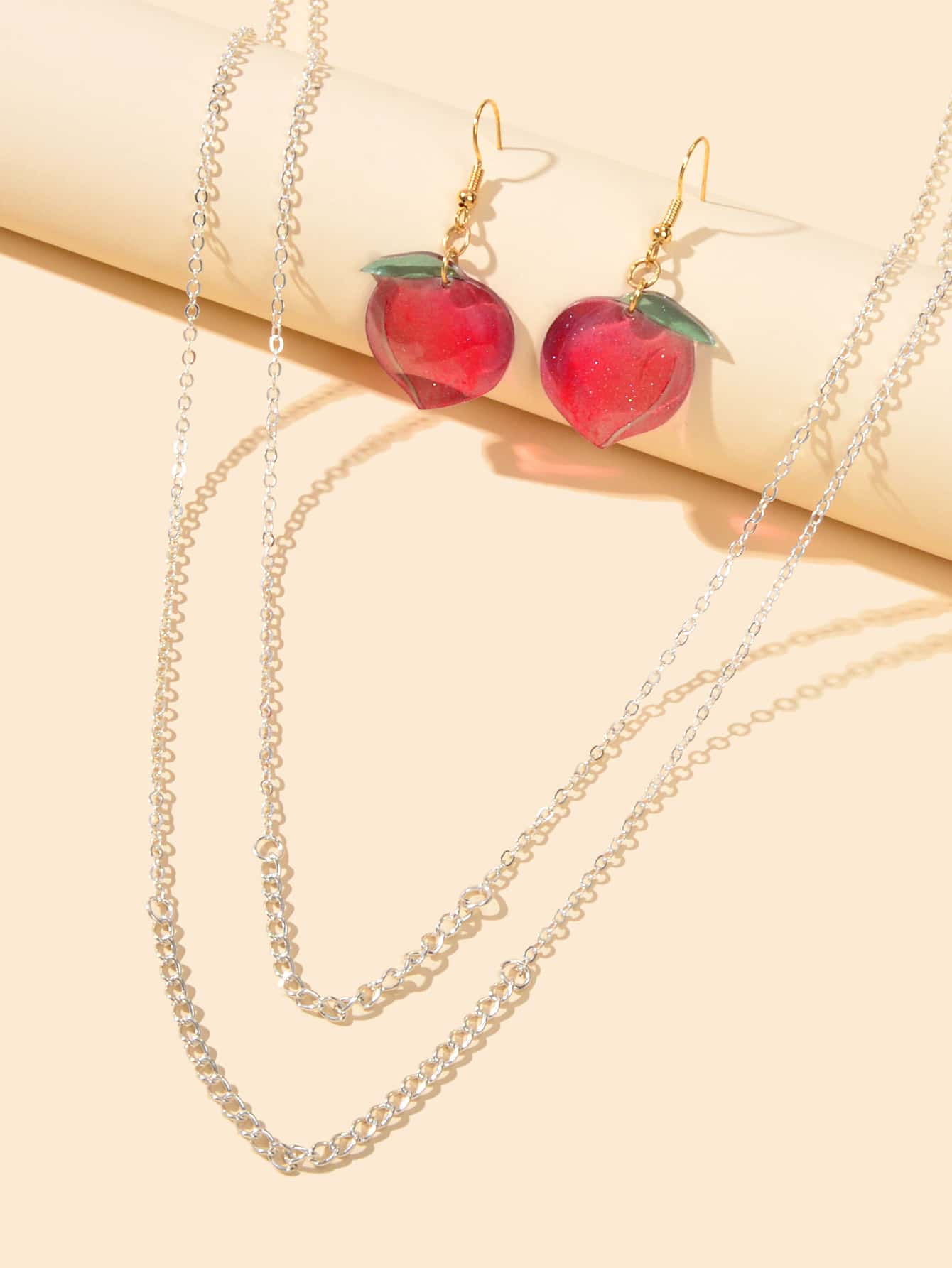 Silver double layer chain necklace and matching pink resin peach dangle earrings jewelry set — view 4