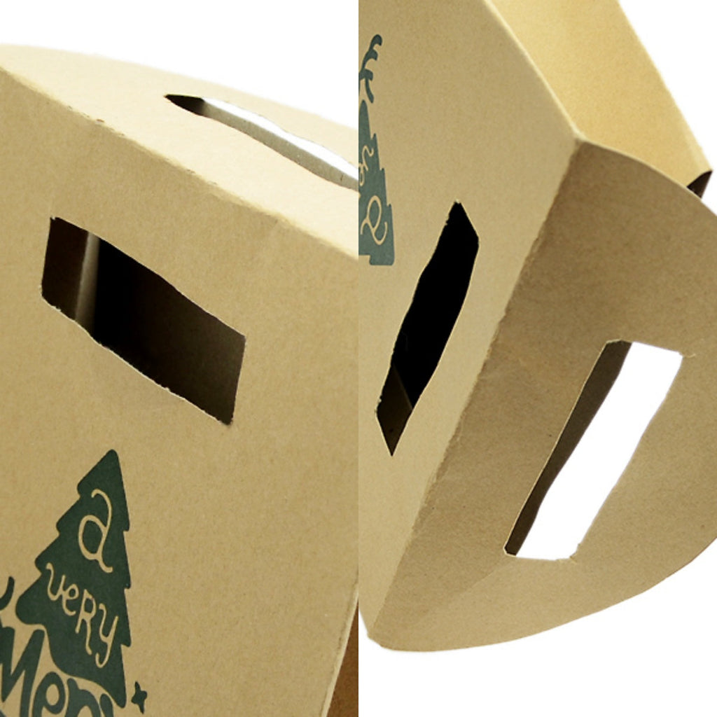 Two large brown kraft paper Christmas gift bags featuring a festive holiday pattern and handles — view 5