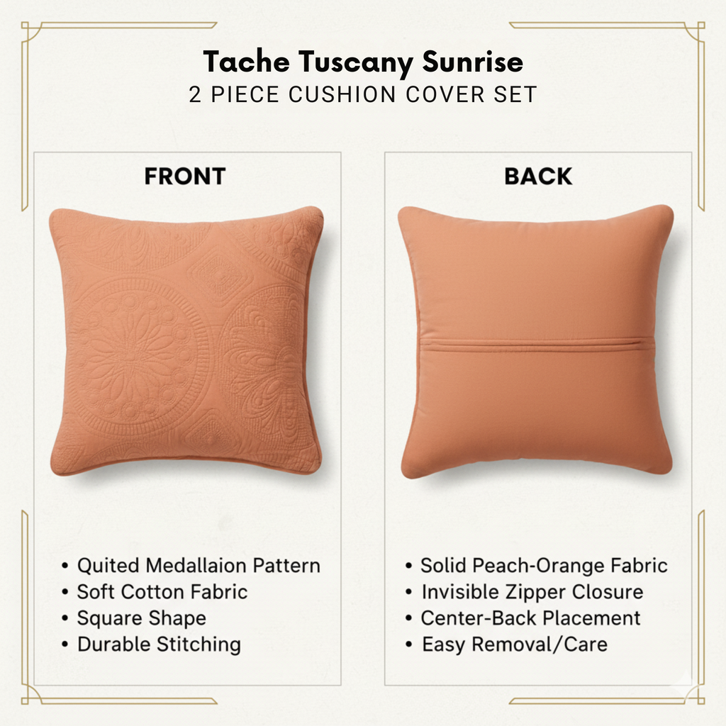 Rustic orange stonewashed cotton cushion cover with Mediterranean geometric floral medallion design. — view 3