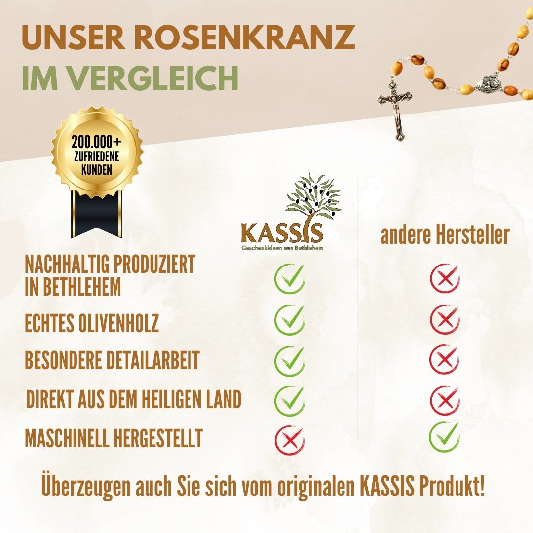 Rosenkranz mit ovalen Olivenholz-Perlen und Elementen aus Metall & Erde | Gebetskette mit Kreuz als Geschenk zur Taufe, Kommunion & Firmung-3
