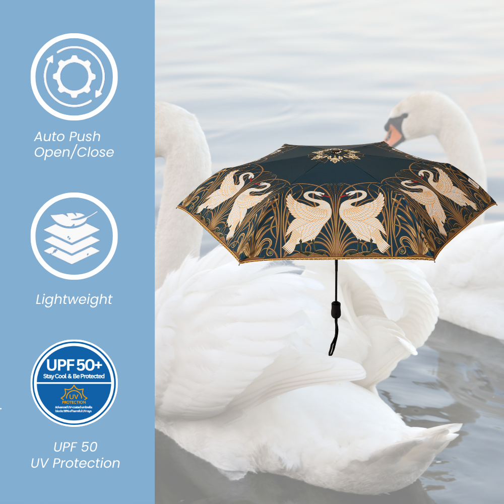 Swan patterned automatic folding umbrella with a matching storage sleeve and UPF 50 canopy. — view 4