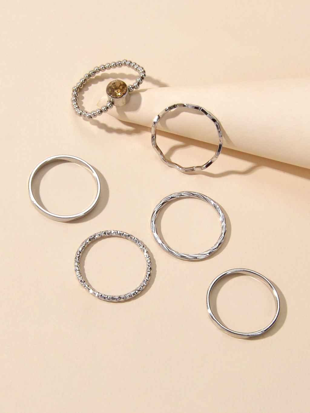 Six piece stackable silver tone rhinestone ring set in assorted sizes for women — view 4