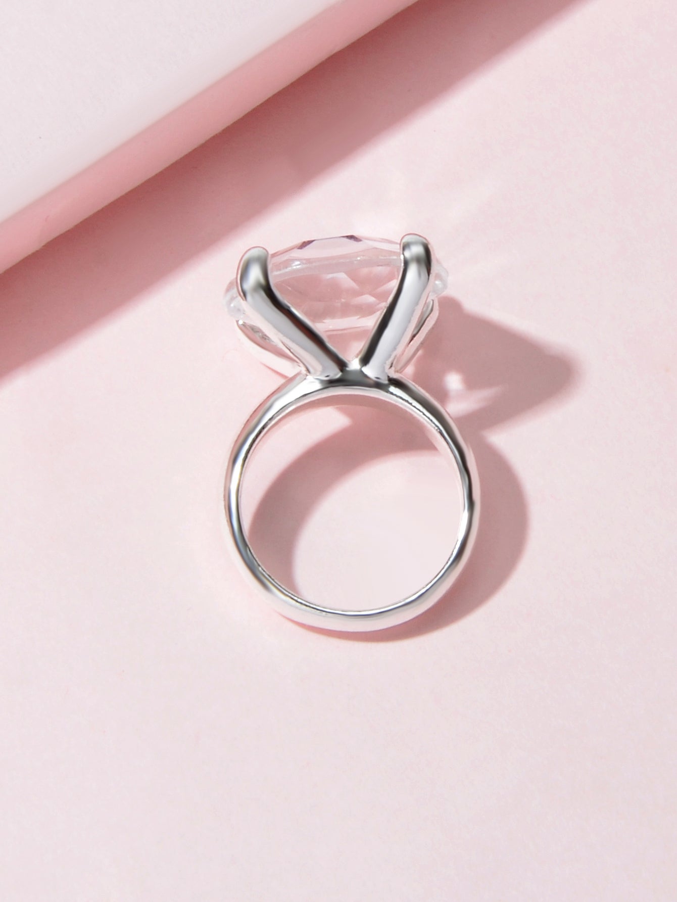 Big transparent simulated crystal women's statement ring with silver polished band for engagement gifts. — view 4