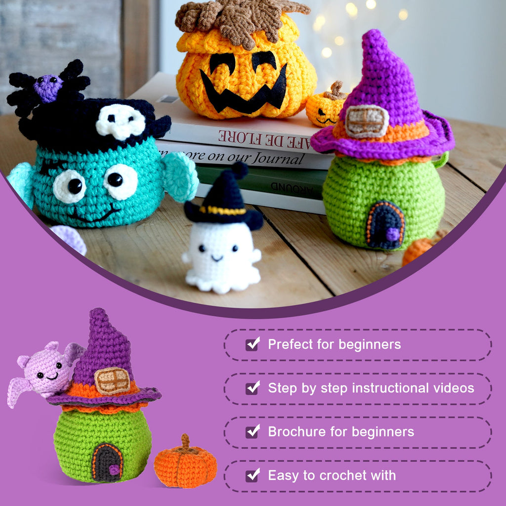 Halloween amigurumi DIY crochet kit featuring a completed miniature witch house, flying bat, and pumpkin — view 4