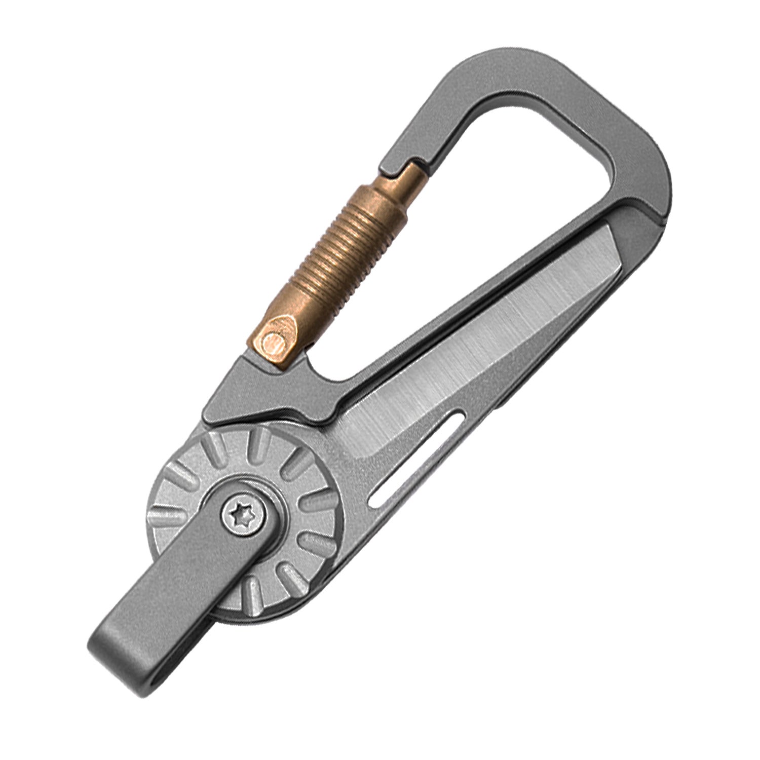 Titanium alloy tactical carabiner multi-tool with bottle opener and secure rotating keychain hook attachment. — view 4