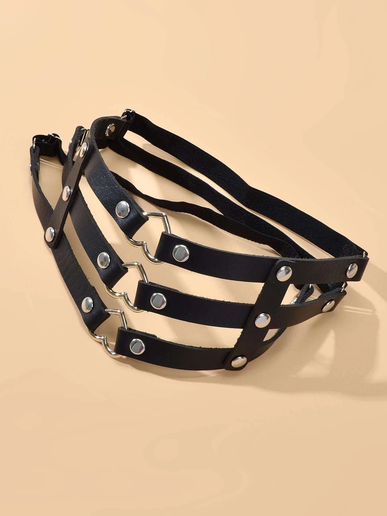 Punk gothic black PU leather elastic leg chain thigh harness with silver metal ring hardware — view 4