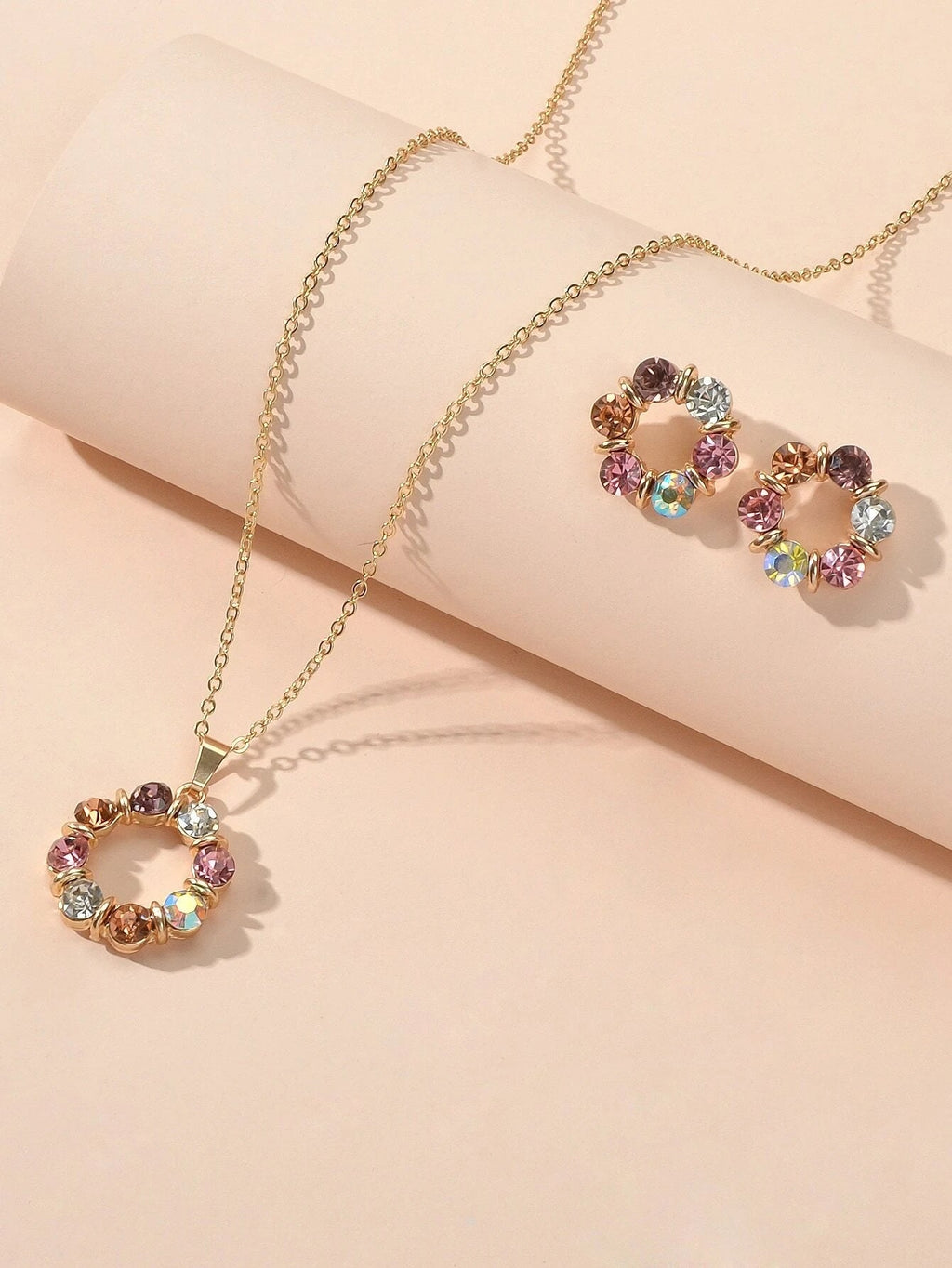 Colourful rhinestone flower jewellery set with an adjustable charm necklace and matching 1.7cm stud earrings — view 4