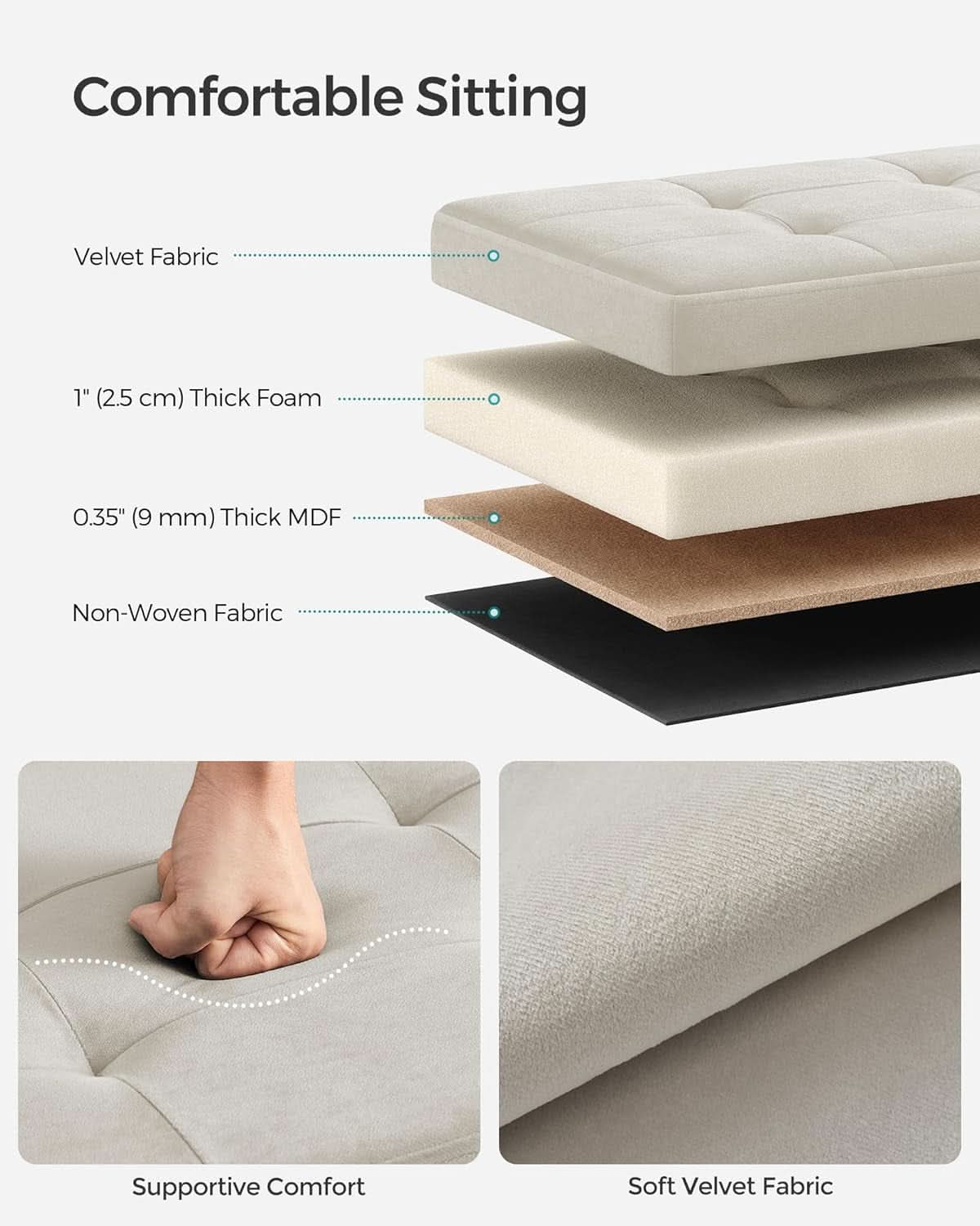 Cream white velvet foldable storage ottoman bench with tufted lid and spacious internal storage compartment — view 4