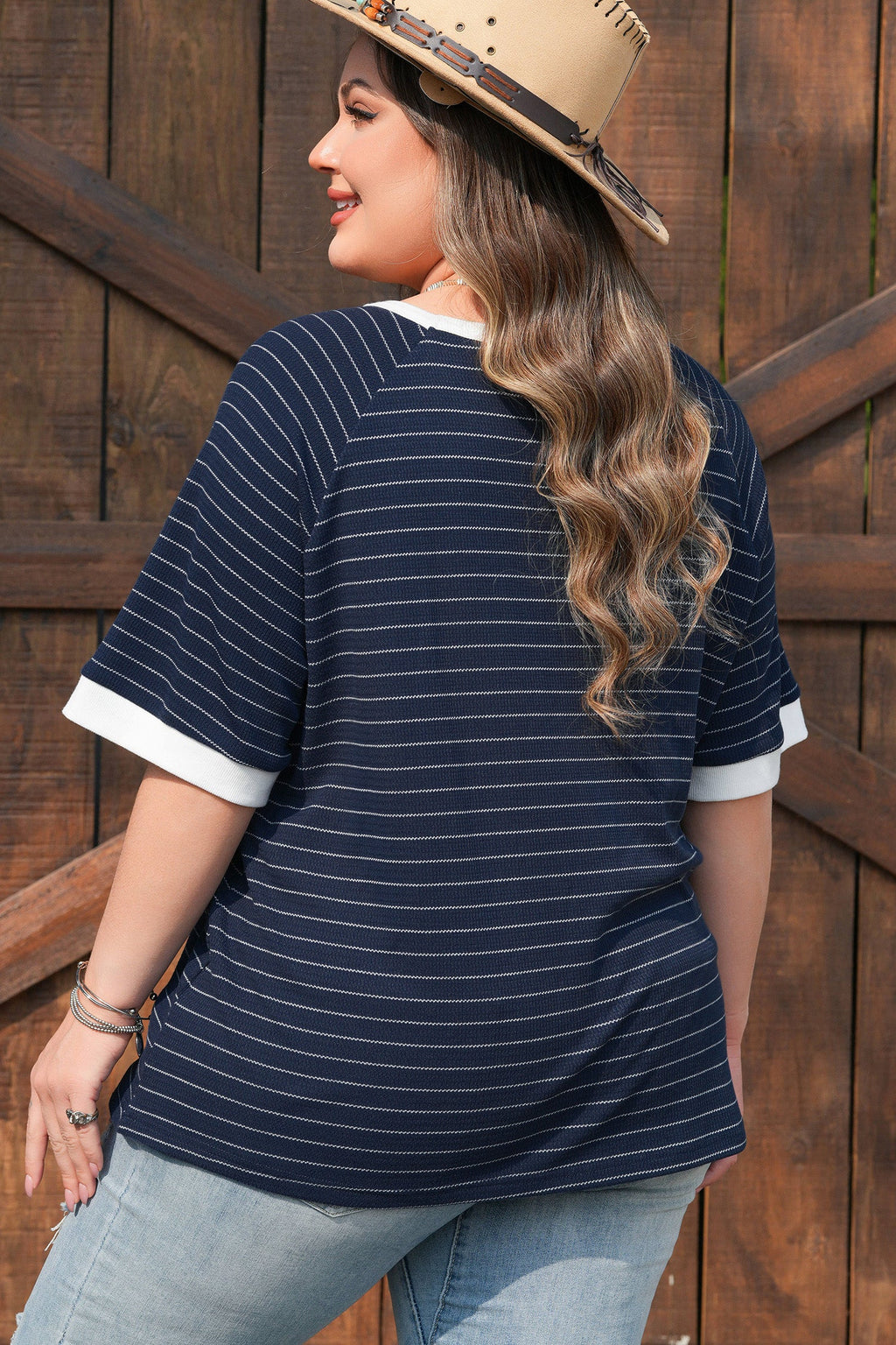 Women's plus size blue striped ribbed t-shirt with contrast trim detailing and short sleeves — view 2