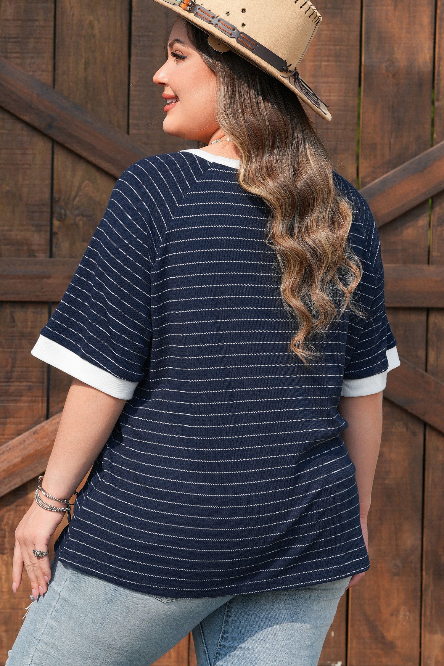 Women's plus size blue striped ribbed t-shirt with contrast trim detailing and short sleeves — view 2