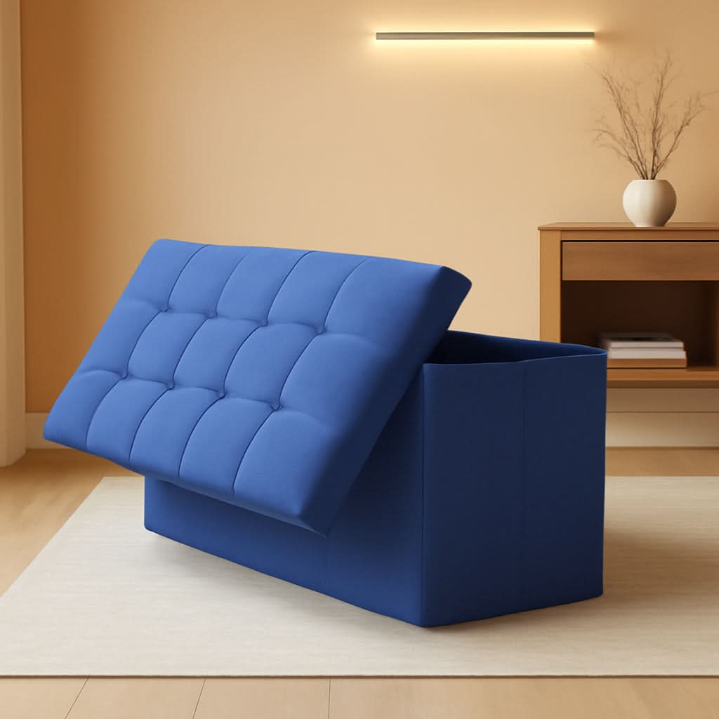 Navy blue folding storage ottoman bench with padded seat and hidden interior chest