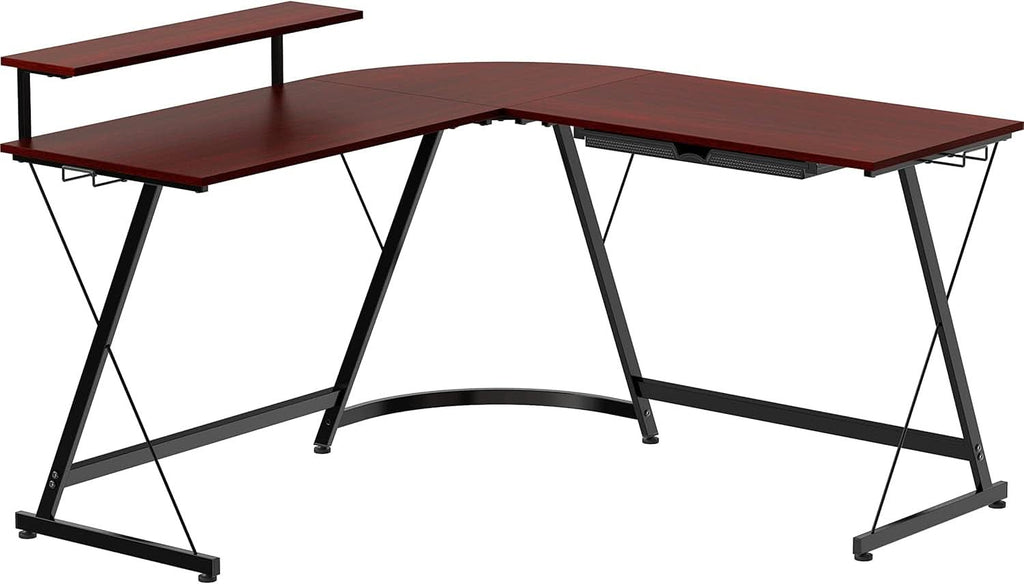 Vista cherry L-shaped corner computer desk with adjustable monitor stand and steel Z-shaped legs — view 5