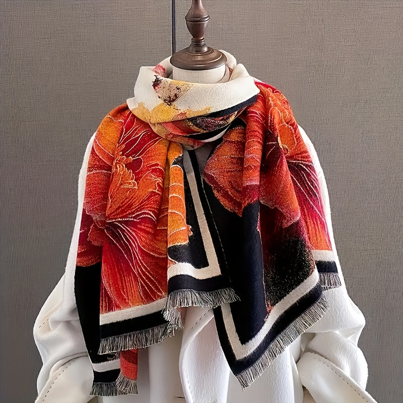 Women's orange botanical print winter scarf shawl wrap made of woven polyester — view 4
