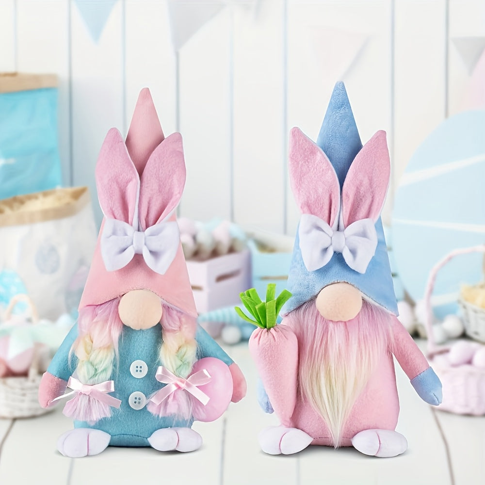Two soft textile Easter gnome plush toys in vibrant pink and azure colors standing upright — view 3