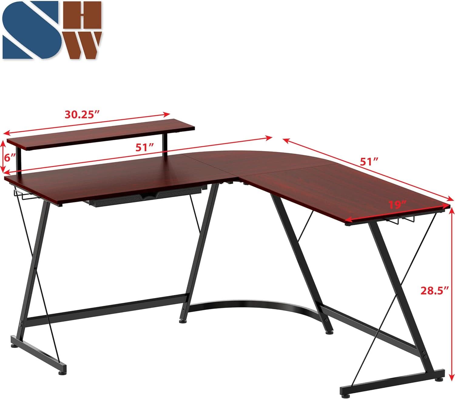 Vista cherry L-shaped corner computer desk with adjustable monitor stand and steel Z-shaped legs — view 3