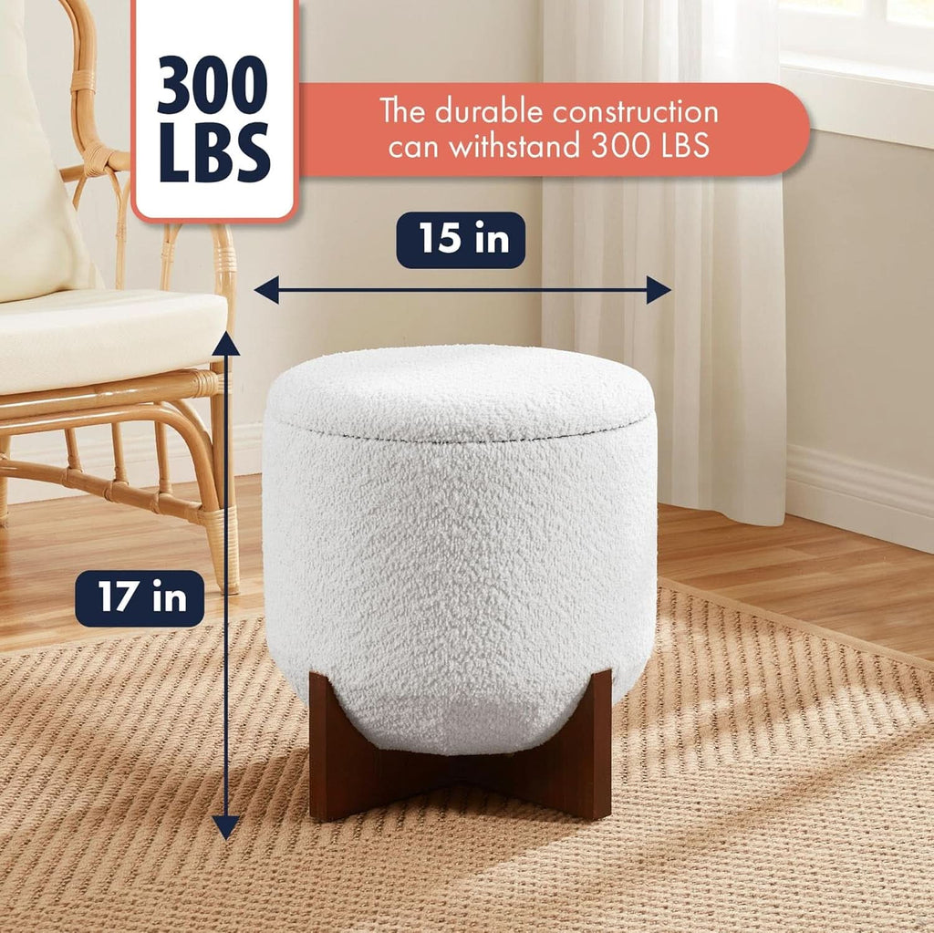 White round boucle fabric ottoman with wooden legs and concealed storage compartment for living rooms — view 2