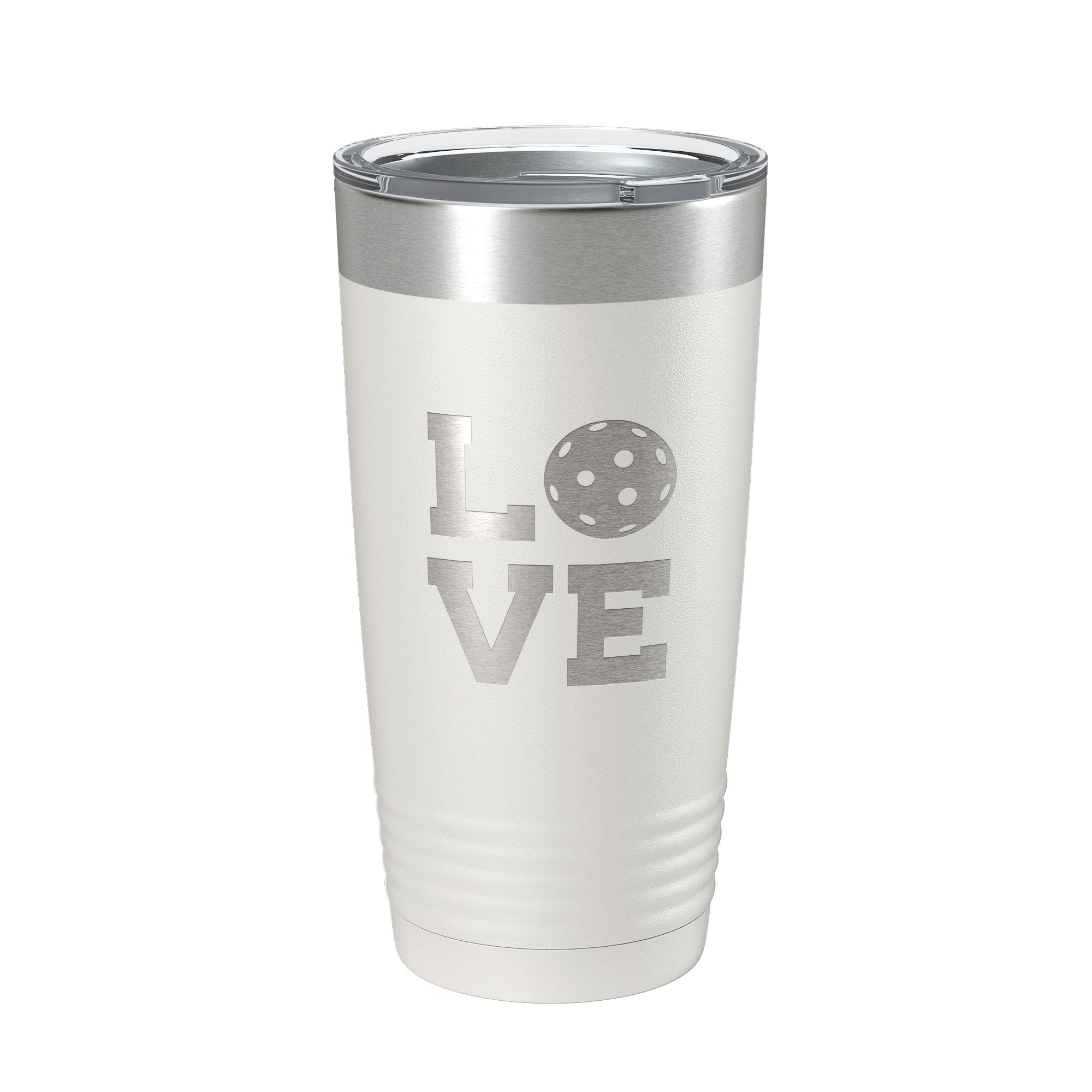 Pickleball Love 20 oz laser engraved stainless steel insulated travel tumbler with a clear lid — view 2