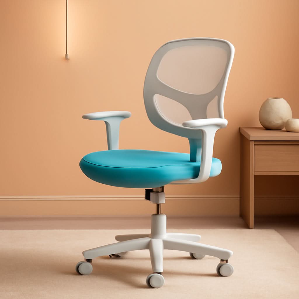 Cyan ergonomic kids desk chair with breathable mesh back, padded armrests, and rolling casters