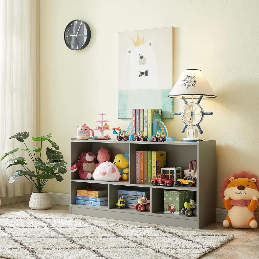 Grey five-section wooden kids bookshelf and toy organizer cabinet for playroom storage — view 3